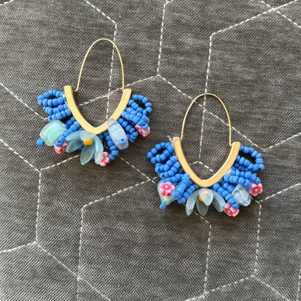 Anthropologie Blue Beaded Floral Hoop Earrings with Gold Accents - Picture 3 of 4